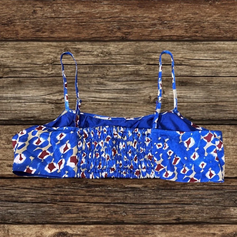 Open Edit Blue Abstract Floral Smocked Back Crop Top Festival Coachella Y2K 90s